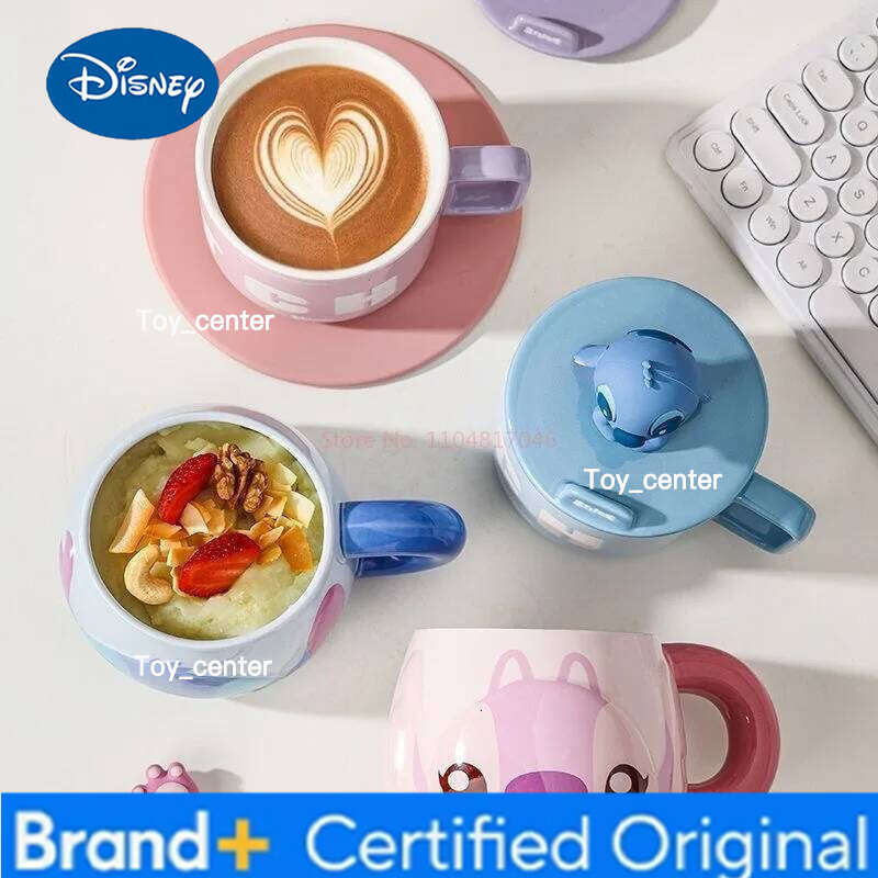 Disney Stitch Angel Mug Box 500ml Cartoon Spoon Ceramic Coffee Large Capacity Handle Water Cup Child Birthday Gift H260205