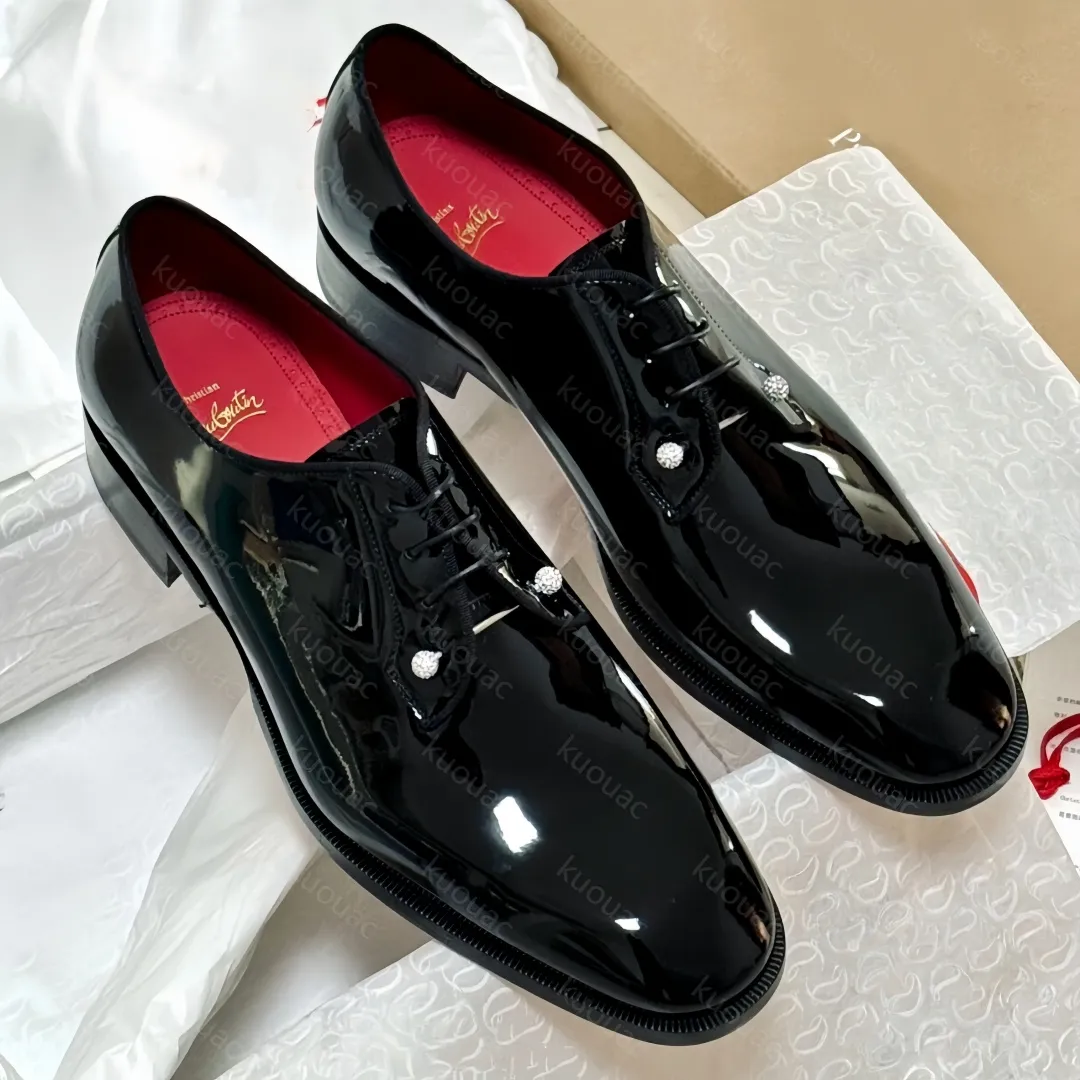 Men Dress Shoes loafers genuine leather patent leather red shiny bottomshoes men casual shoes low-top casual wedding shoes business pointed toe rivet leather shoes