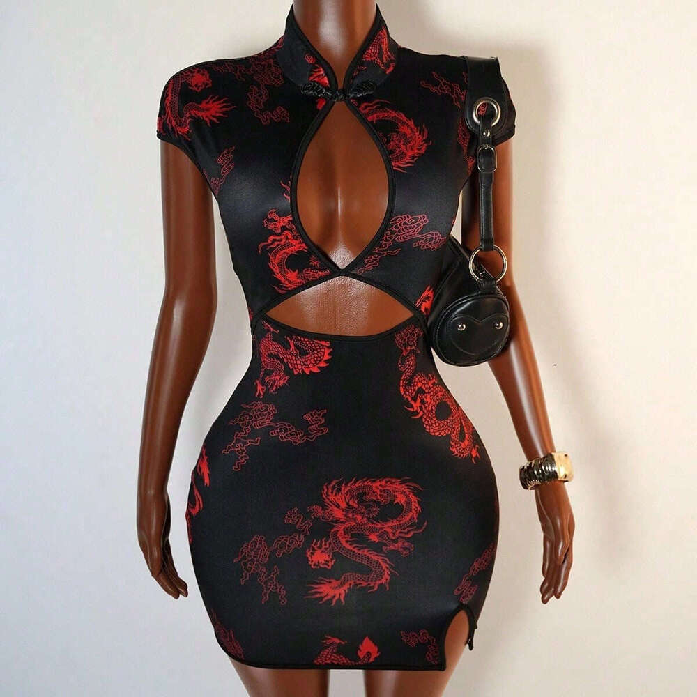 Trendy Street Chinese Style Dragon Print Dresses Women Sexy Hollow Out Package Hip Cheongsam Dress Streetwear Lady Slim Vestidos Short-Sleeve Qipao Dr