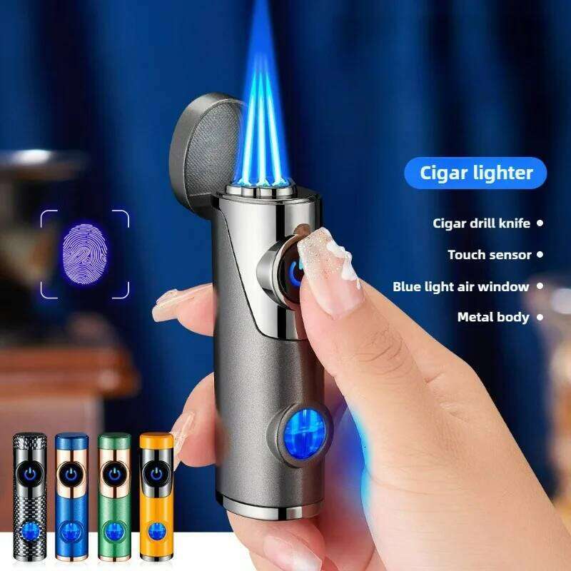 Three Jet Windproof Flame Butane Torch Lighter Visible Gas Blue Light Window Outdoor Portable Cigar Electric Lighters S260207