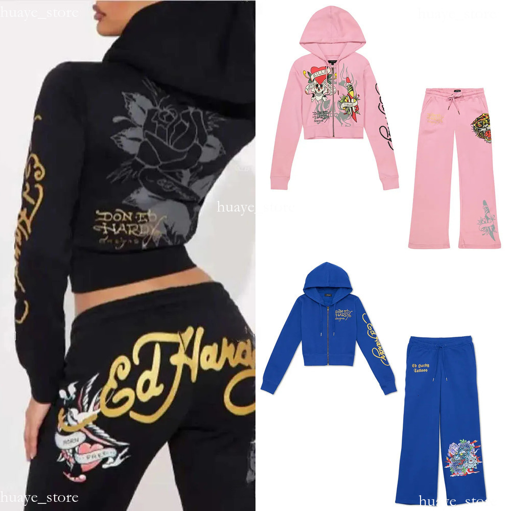 Ed Hardytracksuit Mens Tracksuits Two 2 Piece Set Outfits Strapless Casual Printed Pants Cardigan Y2k Straigt Trousers Street Zipper Hooded Womens Suit 75A 58 89