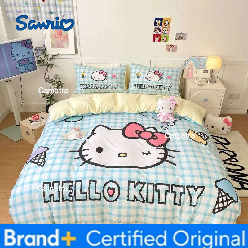 Sanrio New Hello Kitty Cartoon 4-piece set Bedding Set Pink Cats Kawaii Duvet Cover For Girl Kids Single Decor Home Bedclothes Custom H260205