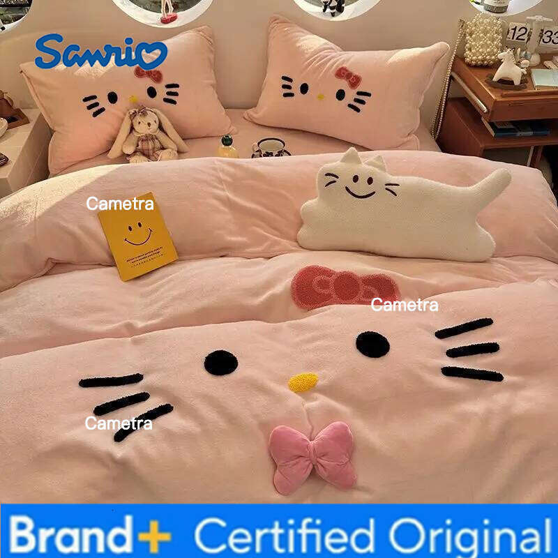Sanrio INS KT CAT Milk Four-piece Farai Coral Fleece Quilt Cover Bed Sheet Three-piece Set H260205