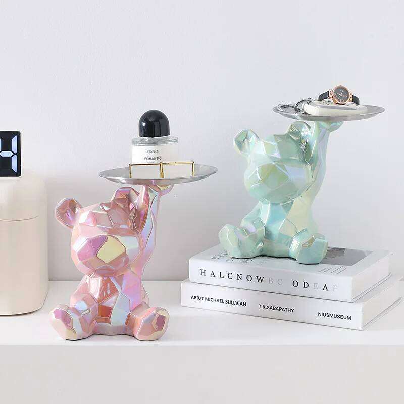 Ceramic Geometric Bear Ornament Coin Bank Home Living Room Desktop Remote Control Key Storage Tray Decorative Statue Gift S260204