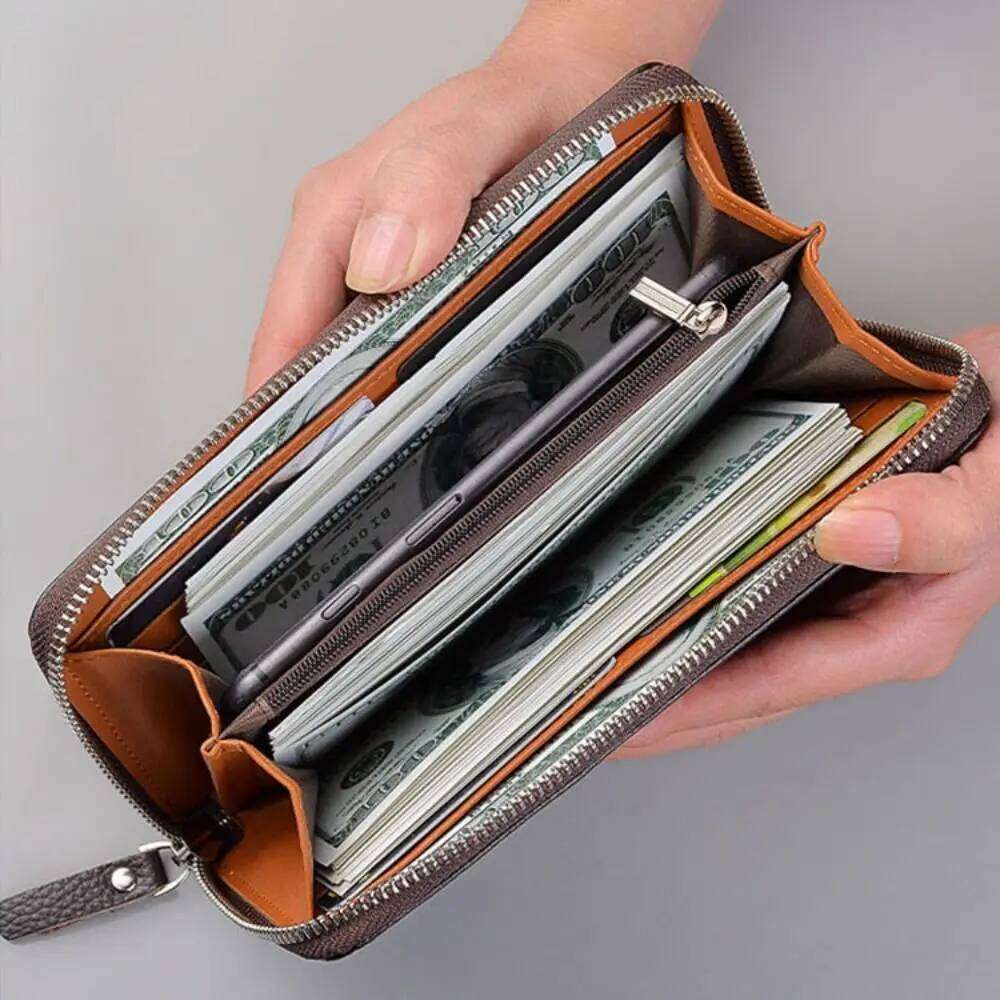 Fashion PU Leather Men Long Wallet Large Capacity Zipper Phone Bag Solid Color Card Holder Z260205