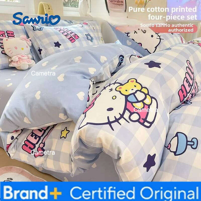 Sanrio Genuine Cartoon Hello Kitty100% Four-piece Cotton Kt Bed Sheet Quilt Cover Pillowcase Three-piece Set H260205111