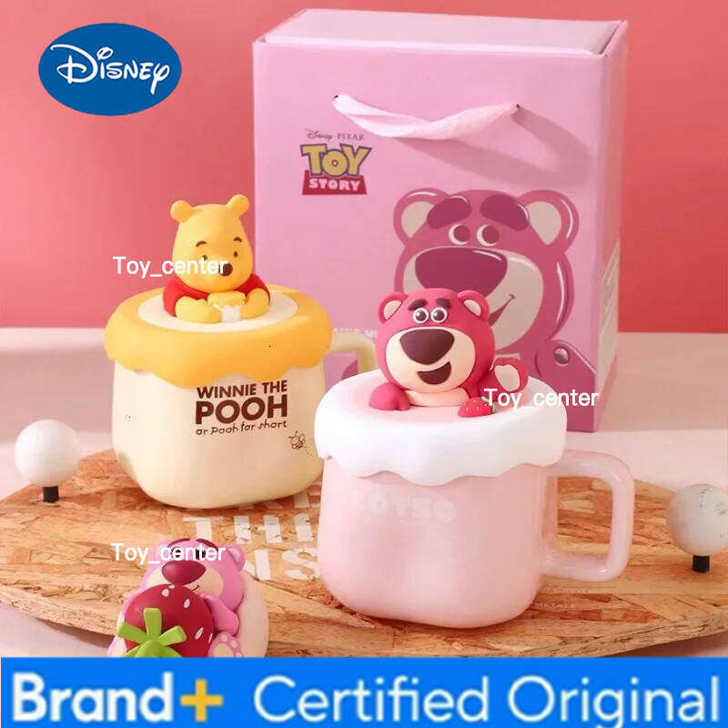 Disney Strawberry Bear Ceramic Mug Set With Lid Stylish Box Cute Cartoon CoffeeMug Perfect Souvenir Companion Gift for Fans H260205