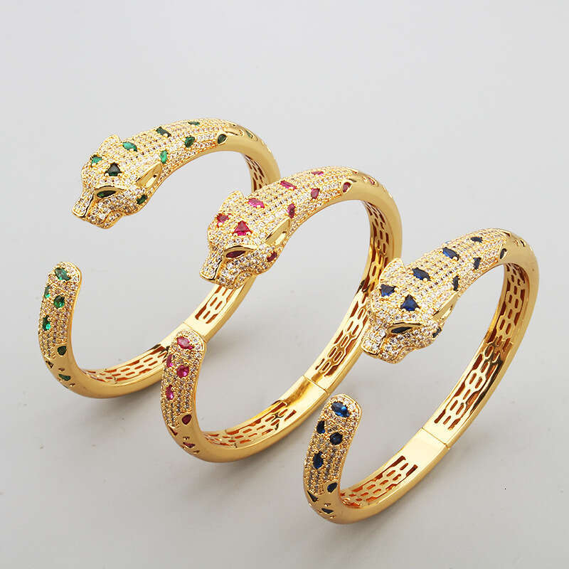 European and American Style Exaggerated Light Luxury Temperament Inlaid Colorful Zircon Popular Women's Open Leopard Head Bracelet