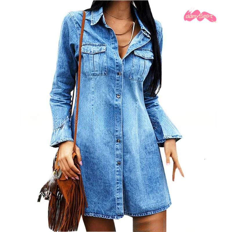 Women Denim Dress Long Sleeve Single Breasted Loose Fit A Line Dresses Turn Down Collar Splice Office Lady Elegant Vestidos ddmysept