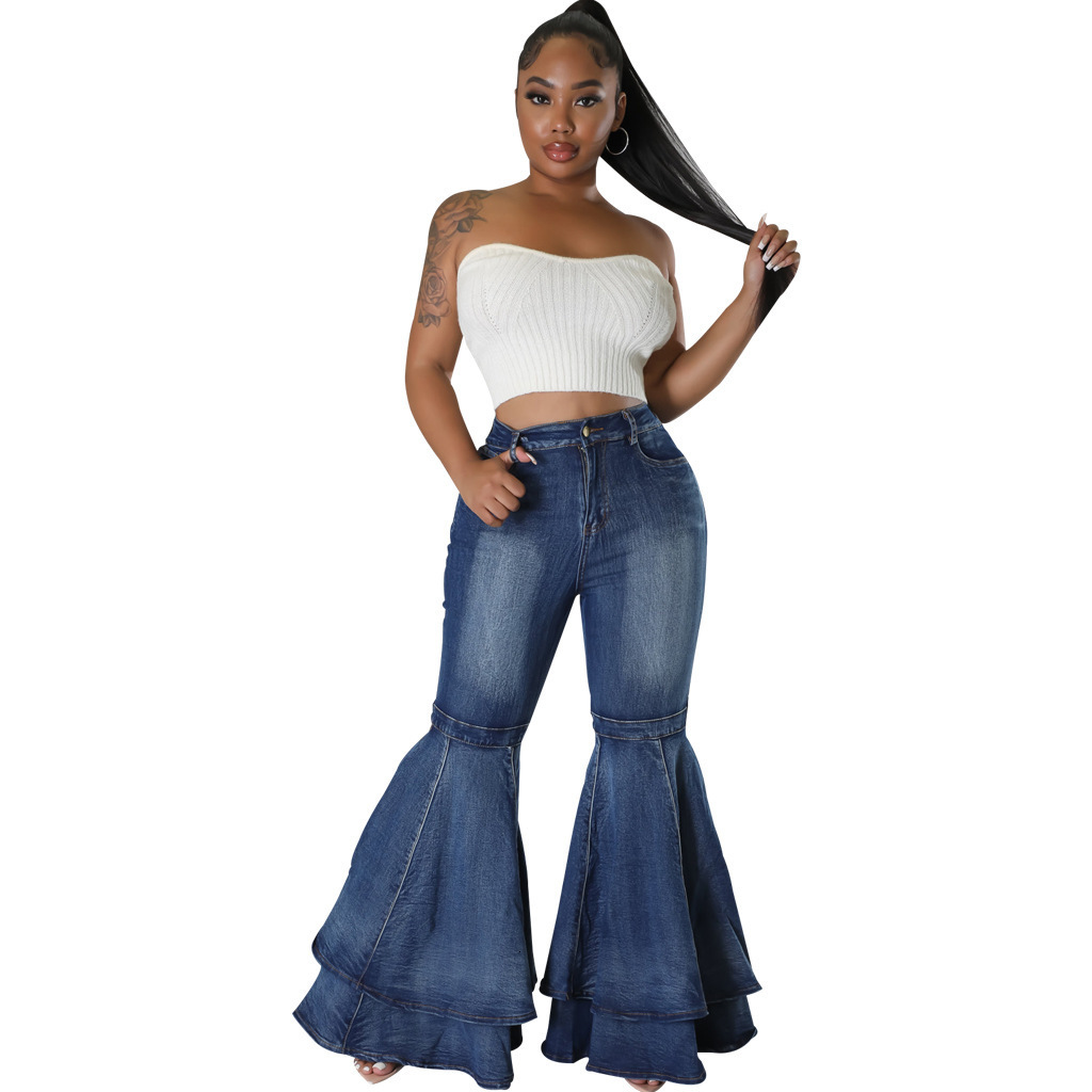 HSF2645 Fashion Versatile Wide Leg Wash Denim Elastic Flare Pants 250618