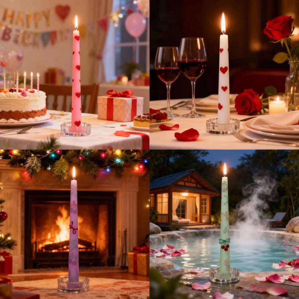 2PCS Colored Cherry/Heart Printed Taper - Romantic Wedding Birthday Candles for Home Party Dinner Garden Table Decor S260204