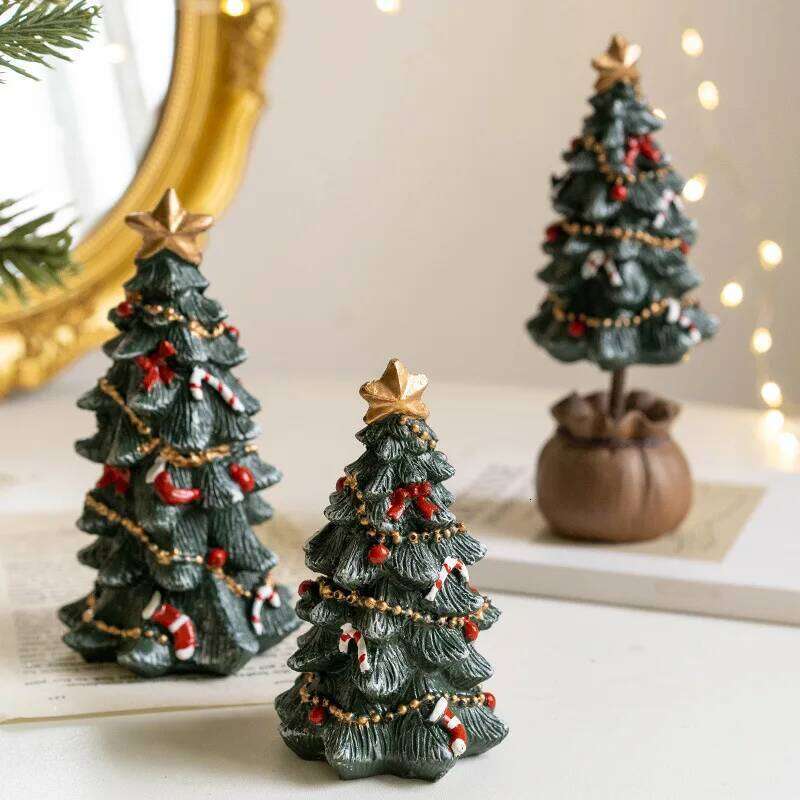 Miniature Desktop Christmas Tree Resin Festive Decor Holiday Gift Set for Xmas Party Home Tabletop Decoration Photo Background S260204
