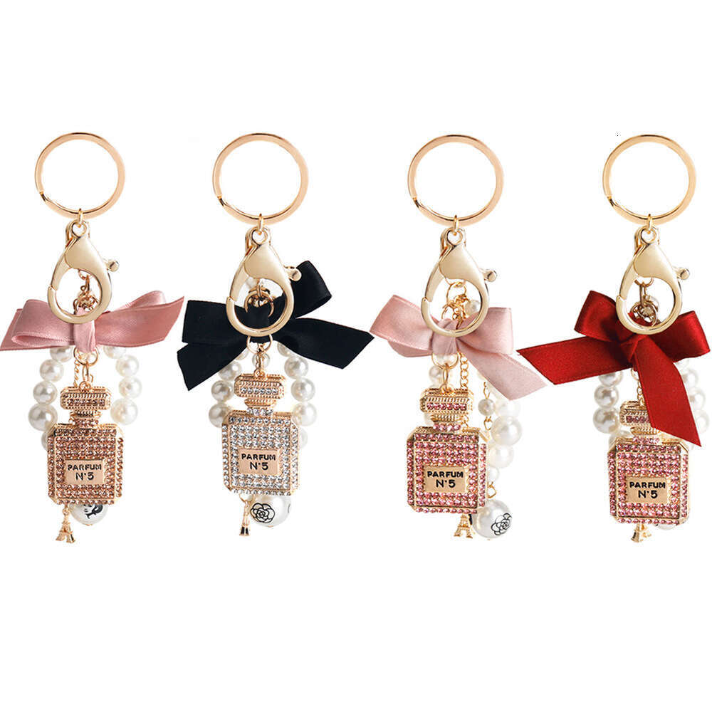 Korean Version Creative Fashion Inlaid with Diamonds Perfume Bottle Keychain Bowknot Pearl Bag Pendant Gift