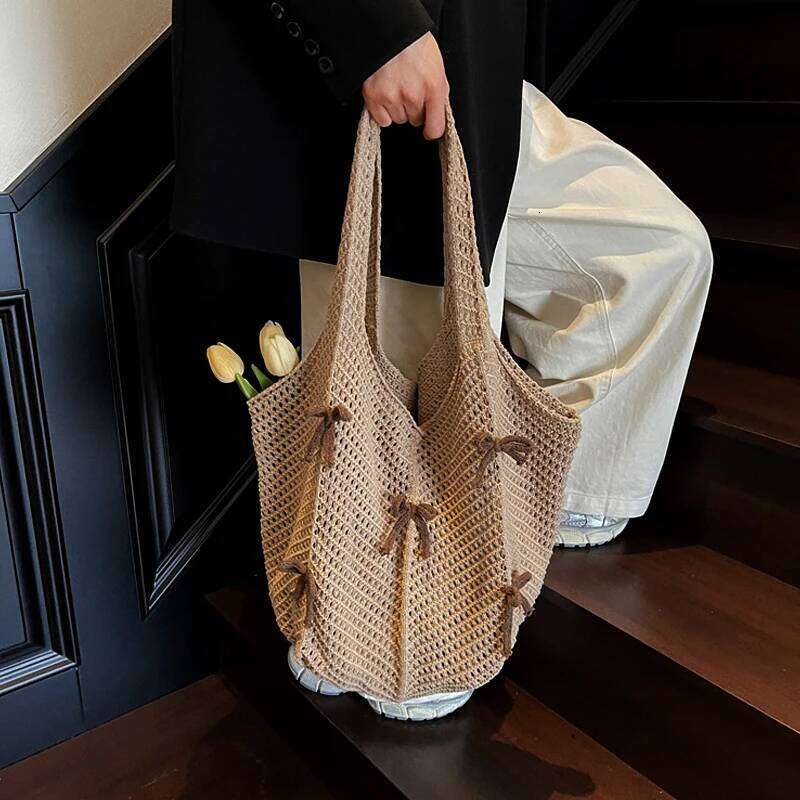 New Khaki Bow Vintage Knit High Quality Woven Large Capacity Daily Wear Shoulder Bag Ladies Hand Bags Y260204