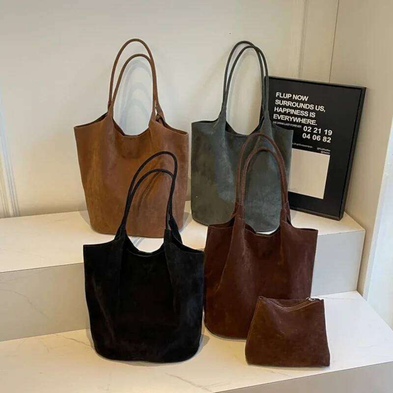 Retro Women's Shoulder Bags Suede Sewing Thread Zipper Versatile 2025 New Solid Colors High Capacity Casual Tote Y260204