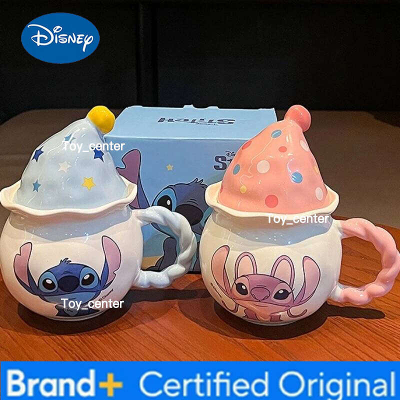 Disney Creative Magic Hat Lid Mug Cute Cartoon Stitch Angel Couple Water Home Drinking Ceramic Coffee Cup Christmas Gifts H260205