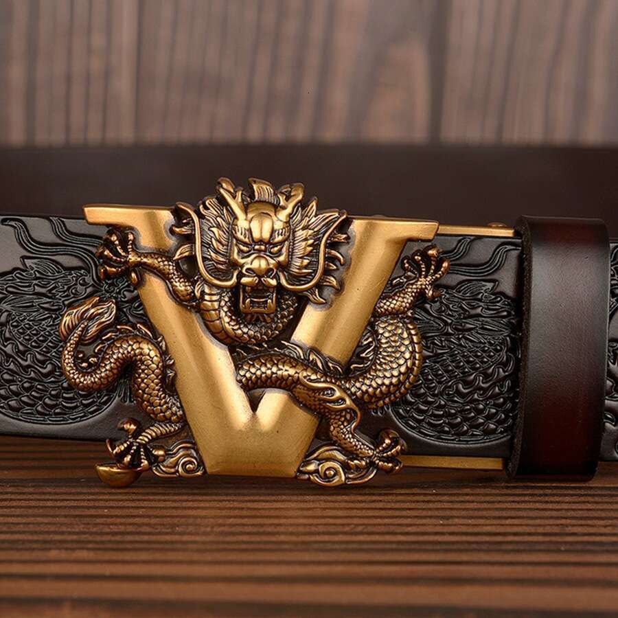 Male Chinese Dragon Belt Cowskin Genuine Leather Belt for Men Carving Dragon Pattern Automatic Buckle Belt Strap