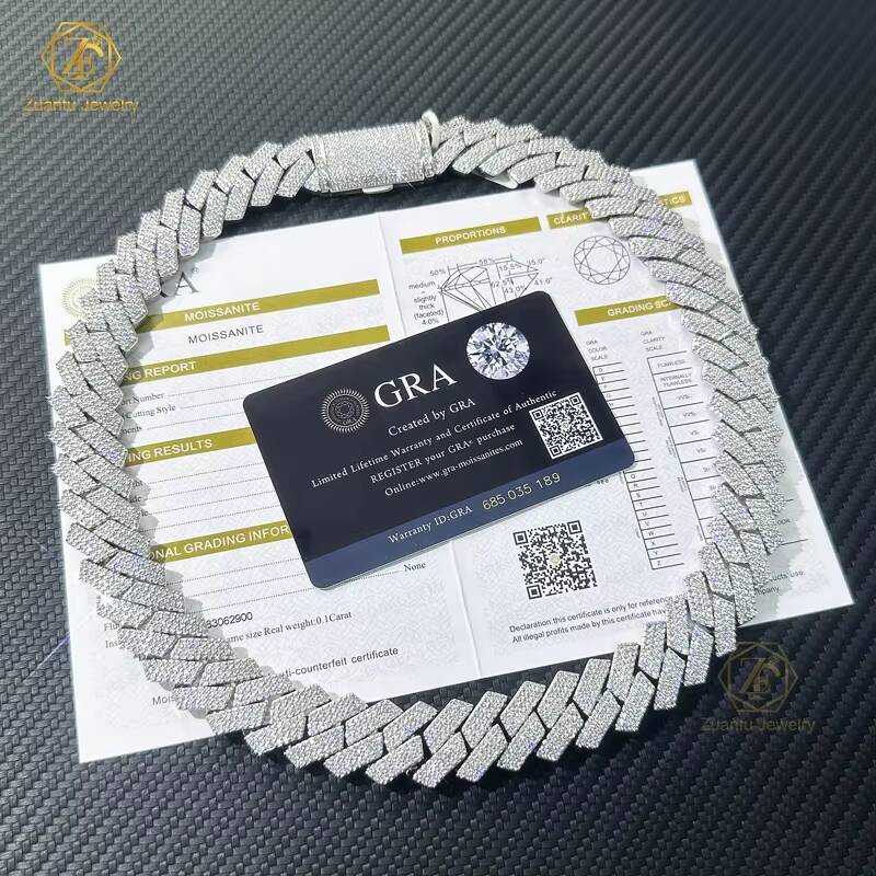 Iced Out Jewelry VVS Diamonds Custom Necklace Hip Hop 925 Silver 3 Rows Moissanite Diamond Iced Out Cuban Link Chain