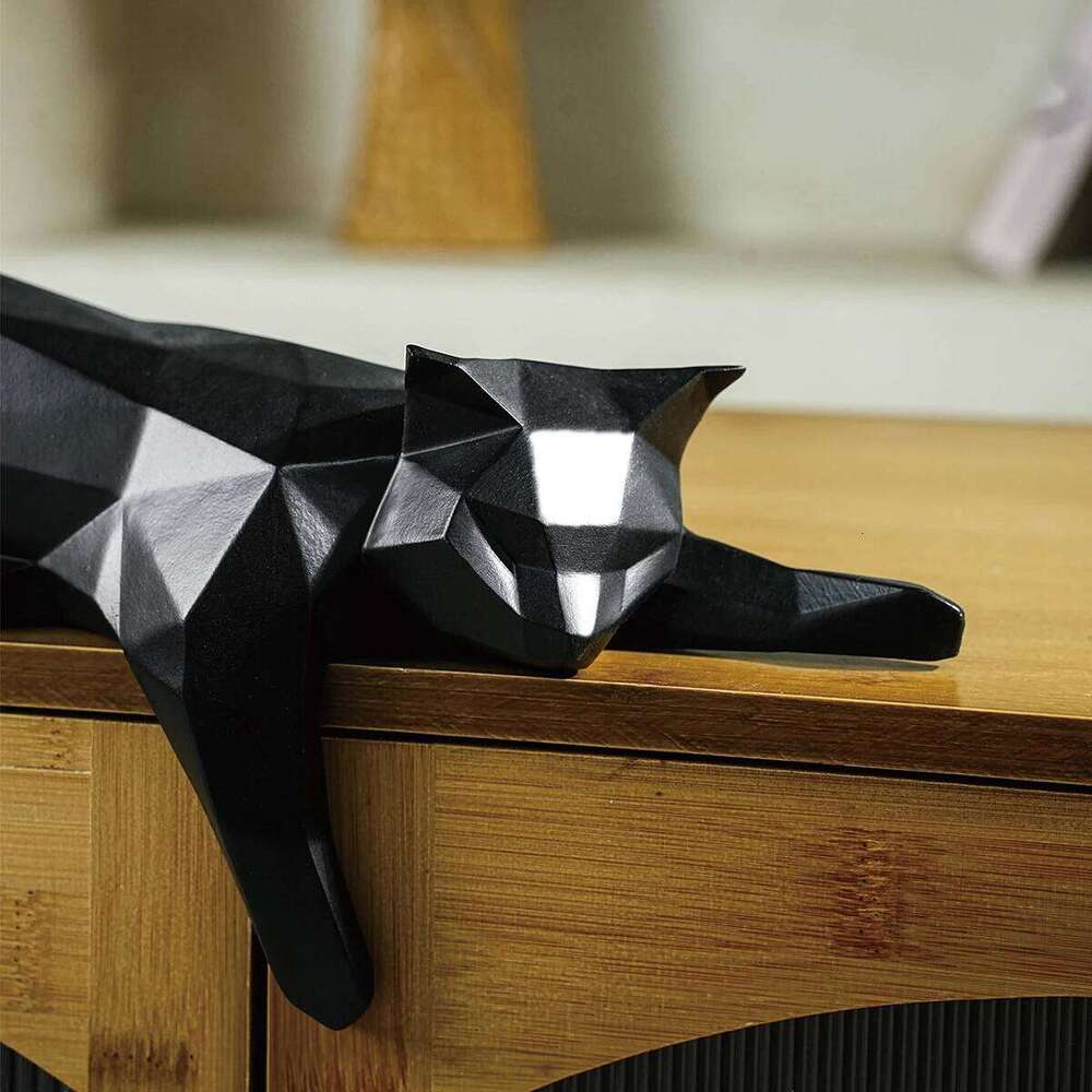 White Black Statue - Geometric Modern Room Figurine Sculpture for Home Office as Table Shelf Desk Decor Lying Cat S260204