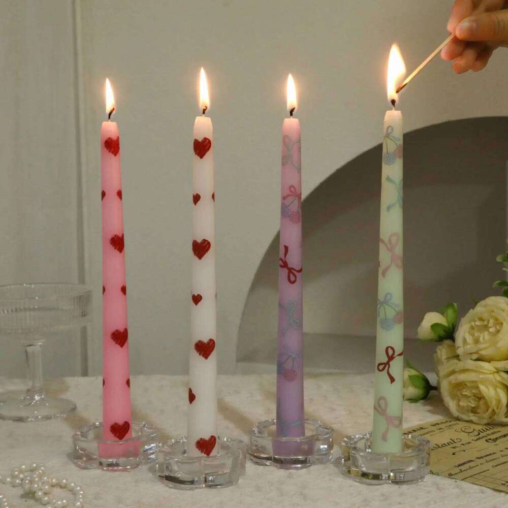 2PCS Colored Cherry/Heart Printed Taper - Romantic Wedding Birthday Candles for Home Party Dinner Garden Table Decor S260204