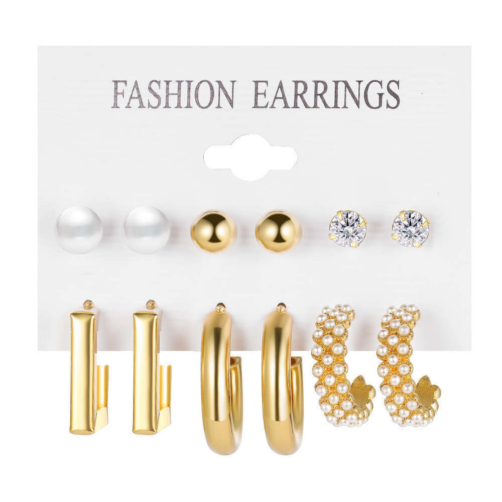 european and american style metal ear rings square geometric earrings retro pearl earrings hepburn style earring set 6piece set