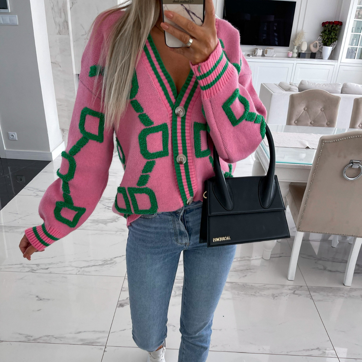 Luxury Brand Designer Clothes European And American Sheep Wool V-Neck Single-Breasted Knitted Cardigan 2025 Autumn Winter New Loose Sweater Coat Top
