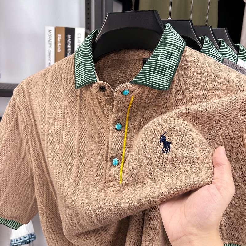 Free shipping Men Polos Slim Fit Knitted shirt embroidered pattern color blocked short sleeved fashion