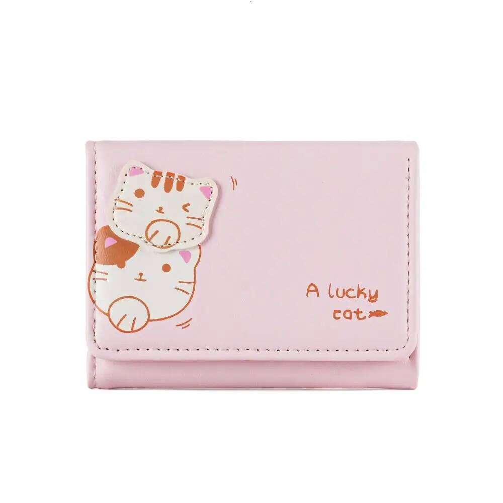 Solid Color Cute Tri-Fold Purses Multi-card Slot Korean Style Cat Short Wallet PU Leather Pocket Women Card Holder Female Z260205
