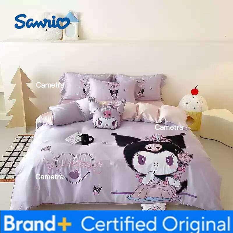 Sanrio Tencel Four Cartoon Kuromi Three Piece Set Summer Ice Silk Quilt Cover Bed Sheet Bedding Send a pillow H260205