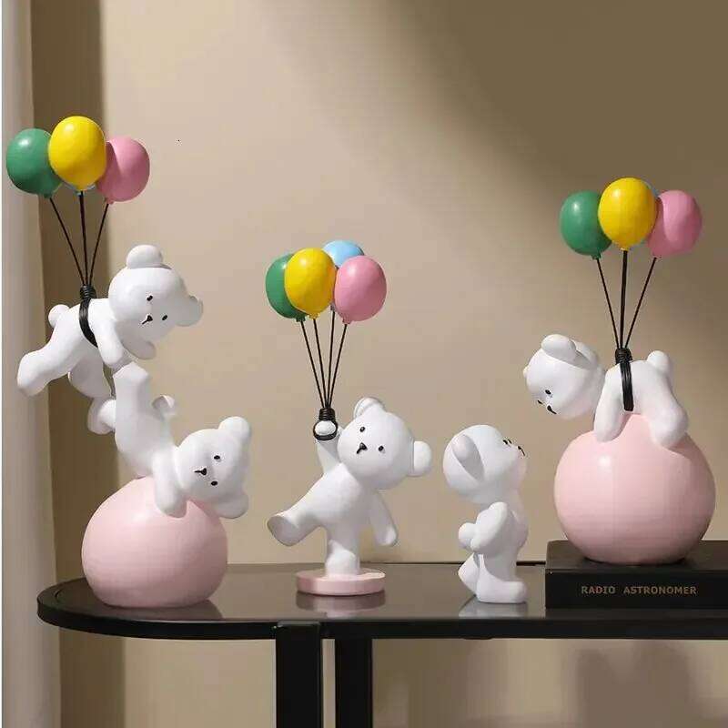 Cartoon Balloon Bear Statue Ornaments Cute Flying Sculpture Children Room Living Home Decor Office Desktop S260204