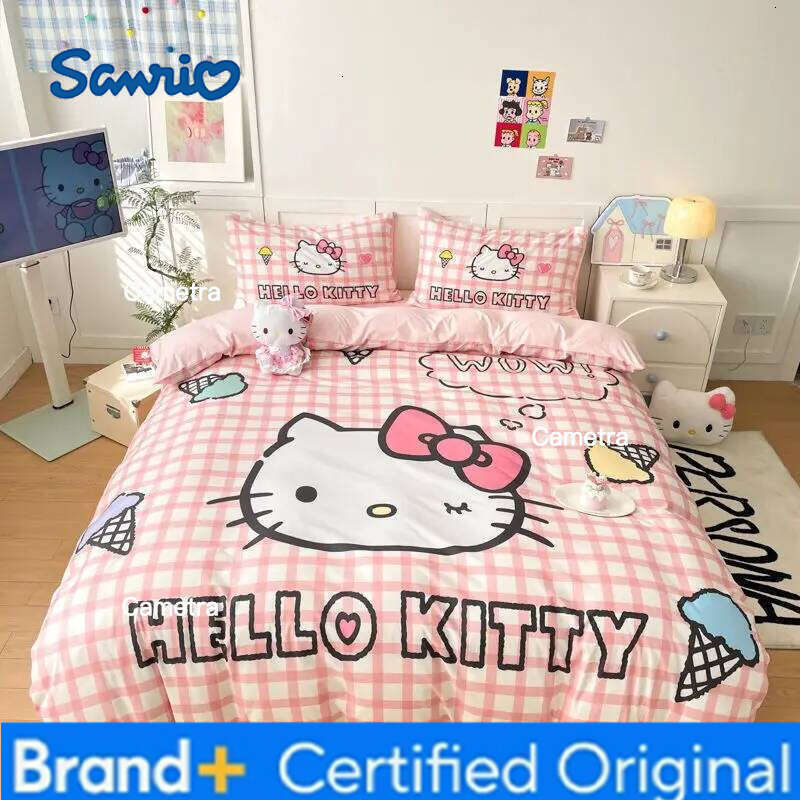 Sanrio New Hello Kitty Cartoon 4-piece set Bedding Set Pink Cats Kawaii Duvet Cover For Girl Kids Single Decor Home Bedclothes Custom H260205