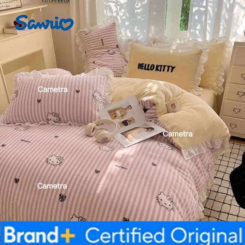 Sanrio Hello Kitty Kuromi cartoon cute warm plus velvet lace four-piece set creative student children's bed sheet quilt cover H260205