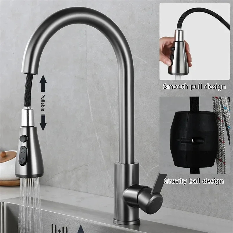 Kitchen Faucets 304 stainless steel Pull Out Sink Water Tap Deck Mounted Mixer Stream Sprayer Head Cold Taps 260122
