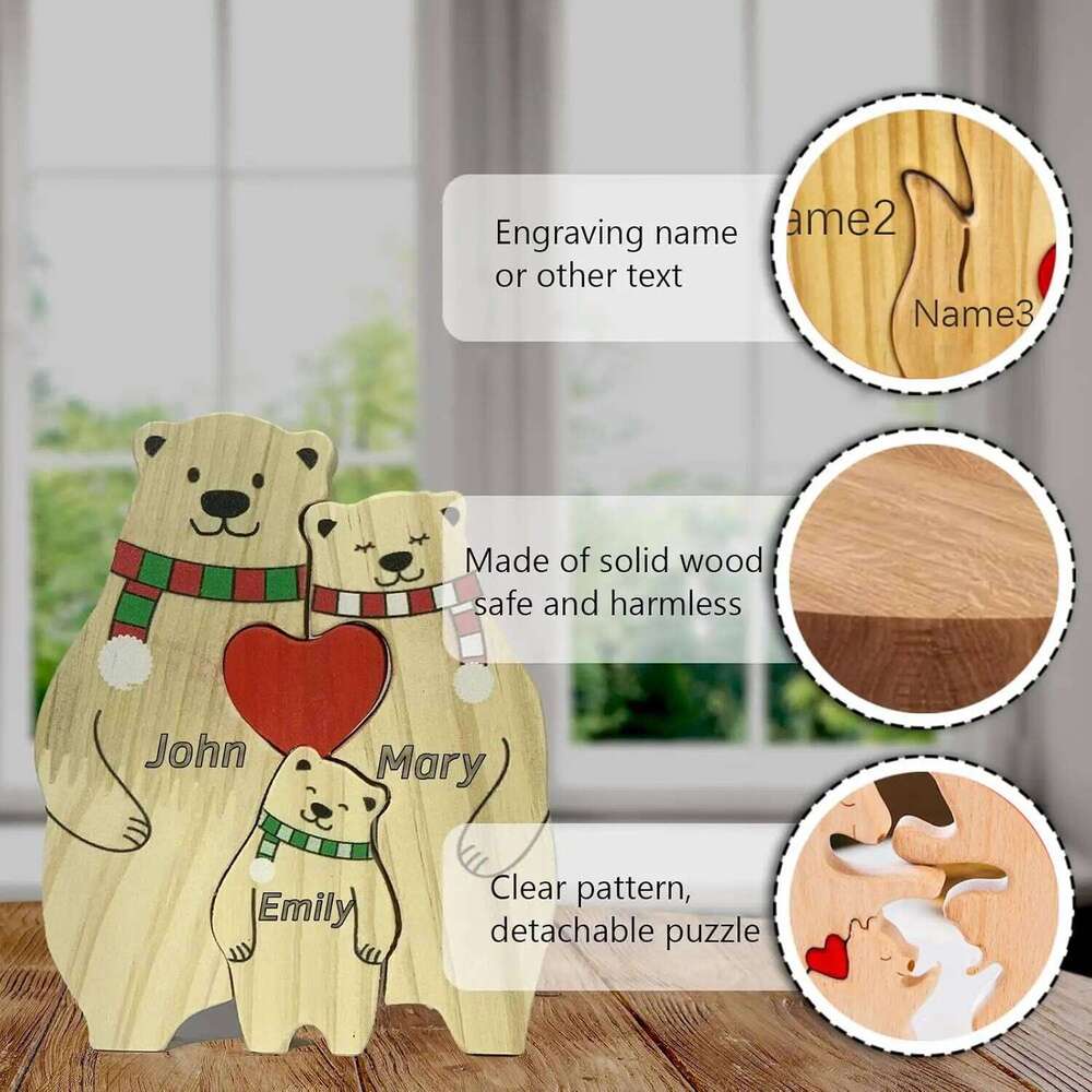 Name Personalized Custom Mother's Birthday Gift Names Sculpture Wood Puzzle Bear Family Heart Puzzles Home Decoration S260204