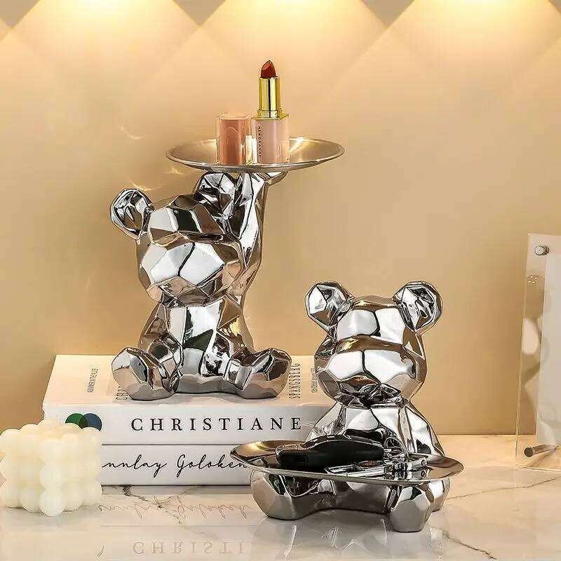 Geometric bear with tray storage, ceramic plating piggy bank, key, cosmetic storage box, bookshelf statue decoration. S260204