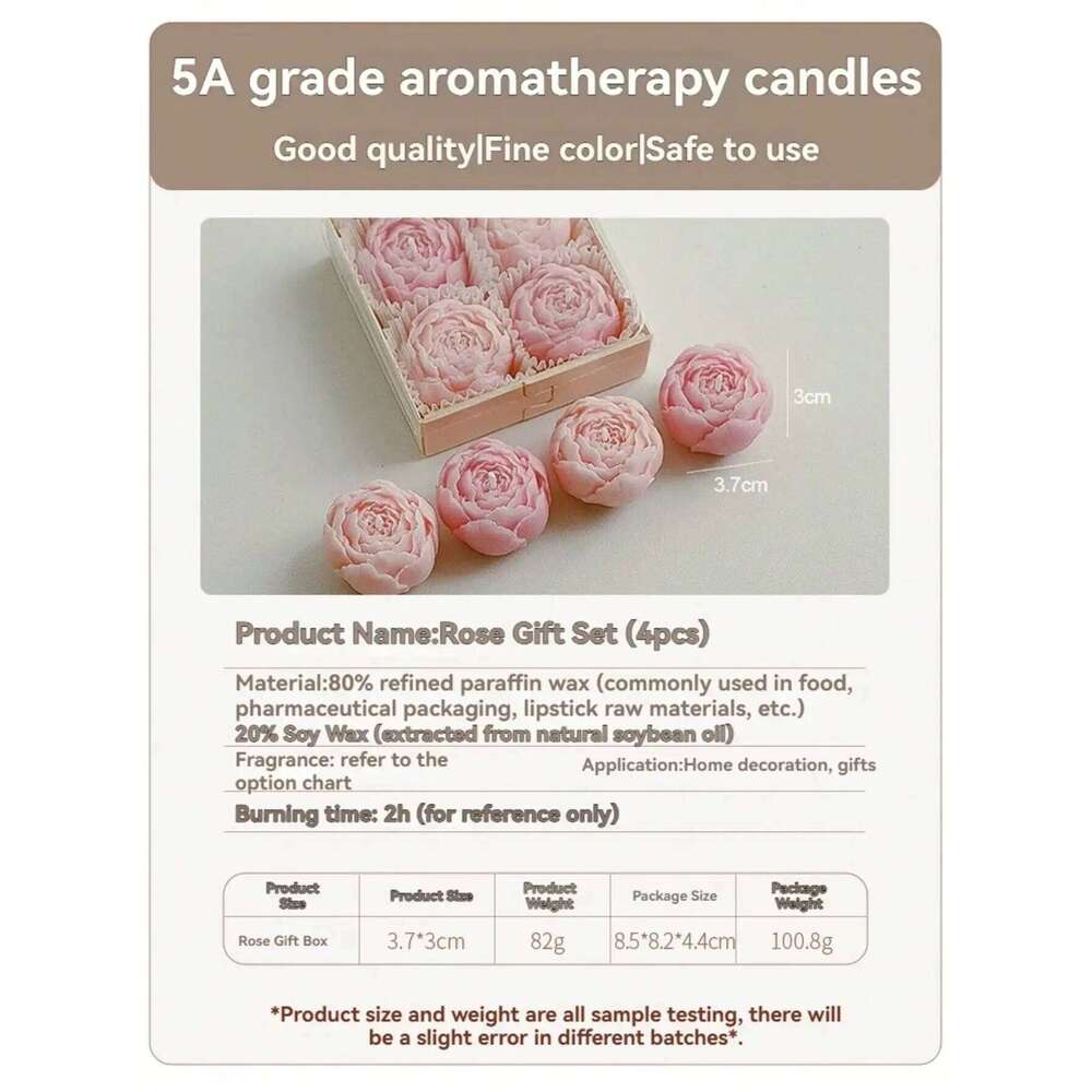 Rose Flower Shaped Soy Wax Candle Set of 4 Gift Box, Handmade Decorative Smokeless Candles for Home Decor,Birthday,Wedding Gifts S260204 256