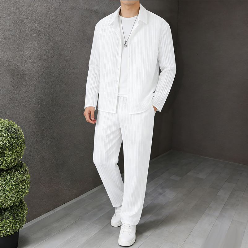 Men's 2 Piece Casual Set White Pinstripe Long Sleeve Shirt and Loose Pants Set