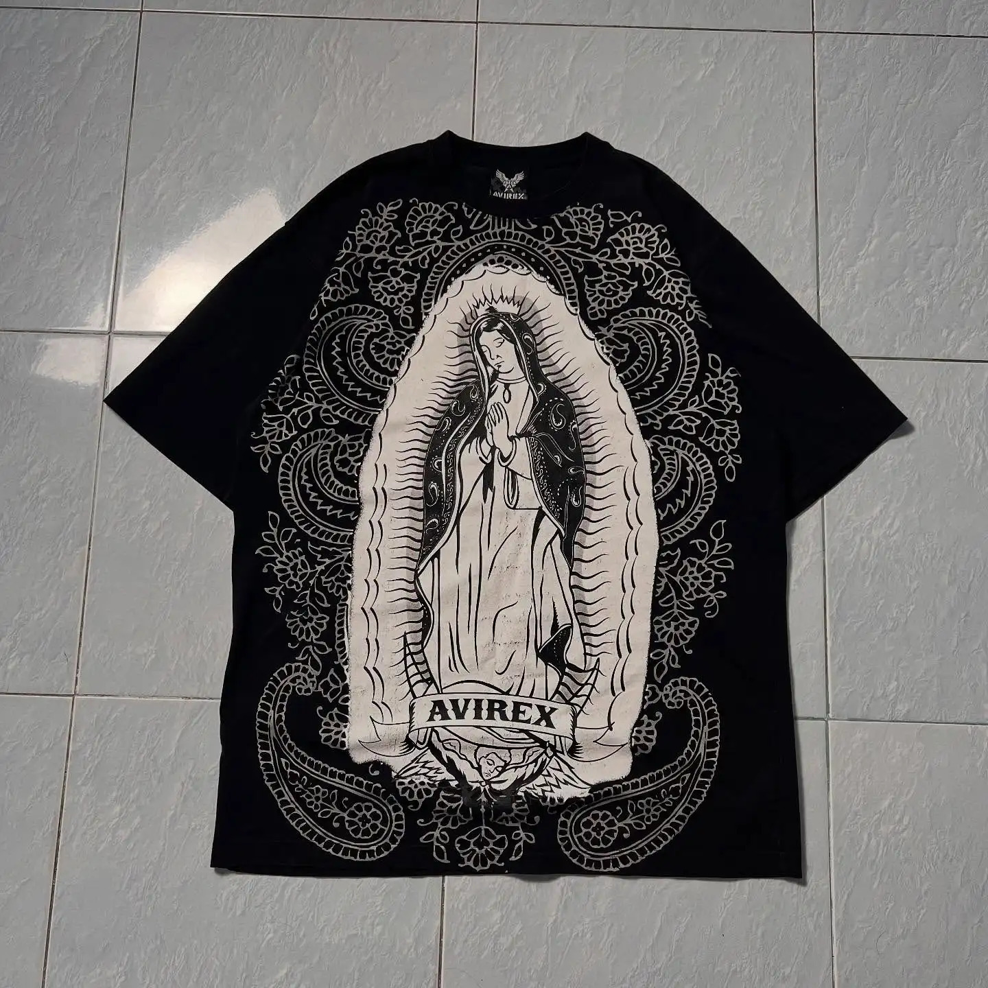 Vintage Avirex Black Short - Sleeve T - Shirt with Rhinestone Double - Sided Pattern Retro Streetwear Top 260129