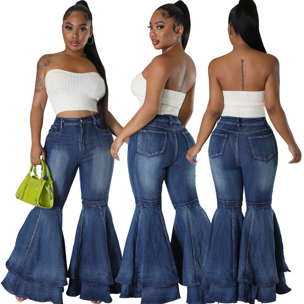 HSF2645 Fashion Versatile Wide Leg Wash Denim Elastic Flare Pants 250618