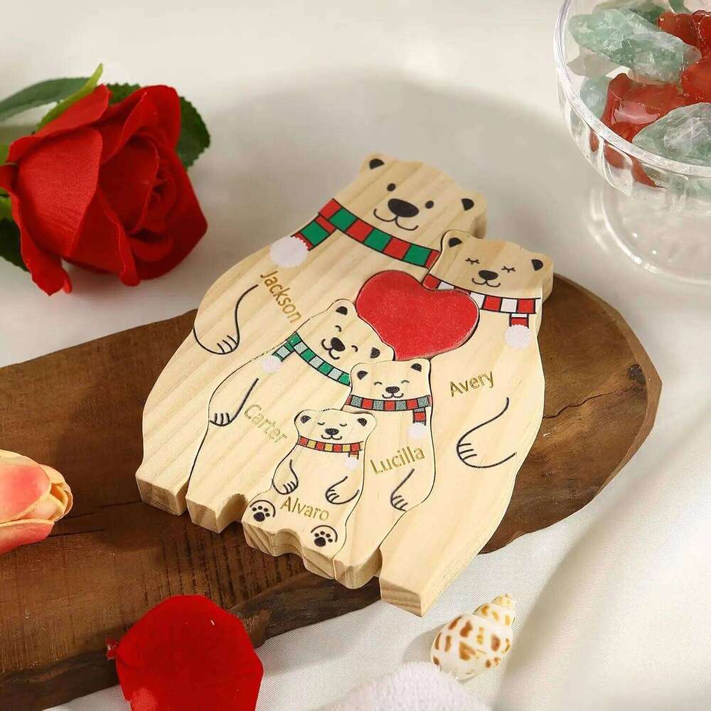 Name Personalized Custom Mother's Birthday Gift Names Sculpture Wood Puzzle Bear Family Heart Puzzles Home Decoration S260204