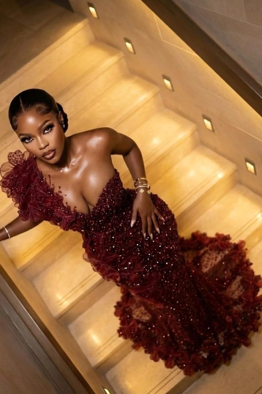 Glamrous Burgundy Prom Dresses For Black Girls 2026 Luxury One Shoulder Mermaid Sequins Beads Formal Evening Gala Dress Customized BC22049