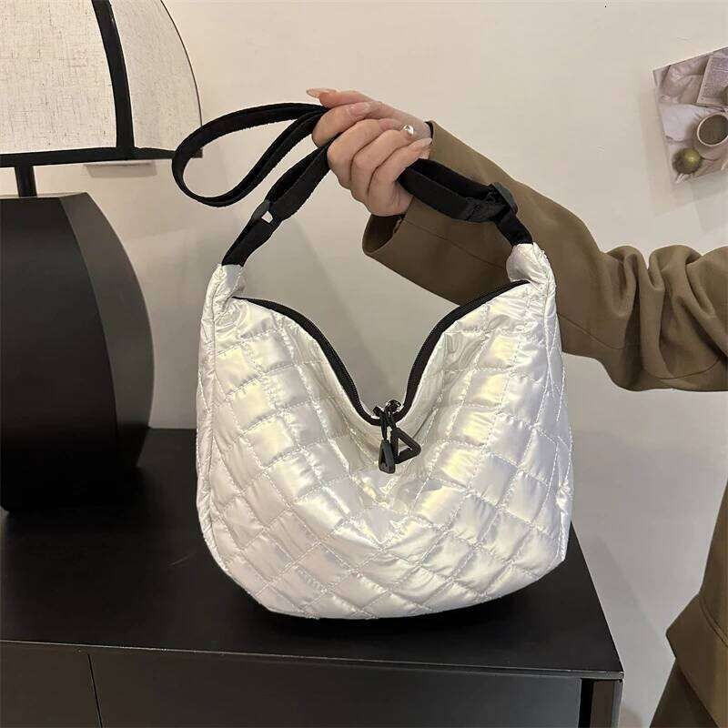 Space Cotton Shoulder Bag Fashion Hobo Crossbody Bags Lattice Pattern All-match Large Capacity Handbags for Women Commuting Y260204