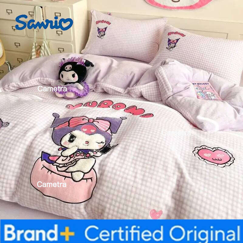 Sanrio Hello Kitty My melody Cinnamoroll Kuromi Four-piece Creative High-value Anime Cartoon Printed Home Coral Fleece Bedding H260205