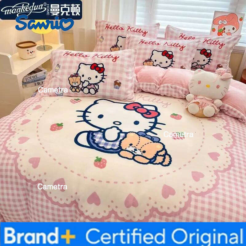 Sanrio Ins Original Milk Fleece 4pcs Cute KT Cat Thickened Quilt Cover Sheet Pillowcase 3kg, Girls 3pcs Set H260205