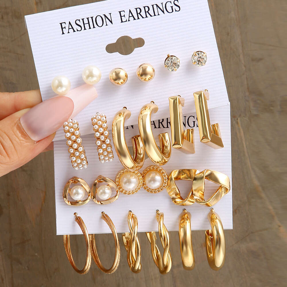 european and american style metal ear rings square geometric earrings retro pearl earrings hepburn style earring set 6piece set