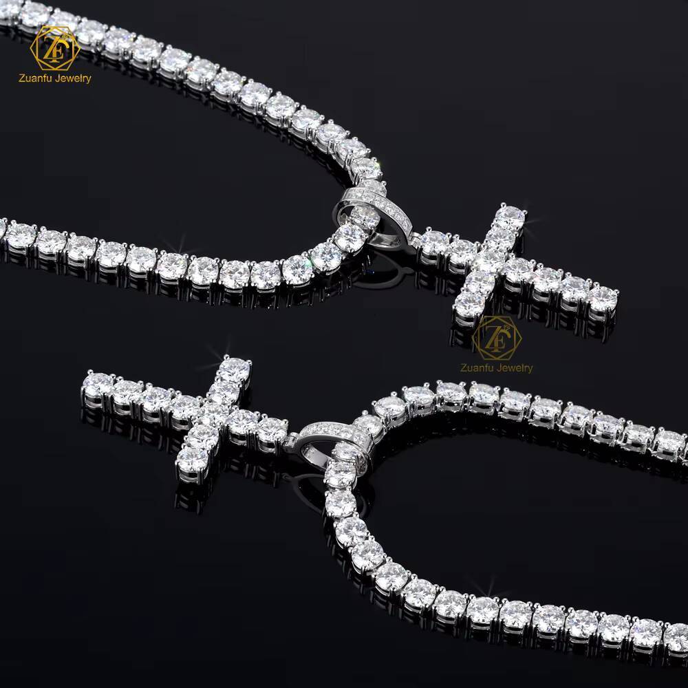 925 Sterling Silver 5mm D VVS Moissanite Diamond Cross Pendant with Tennis Chain Necklace for Women Men - view 5