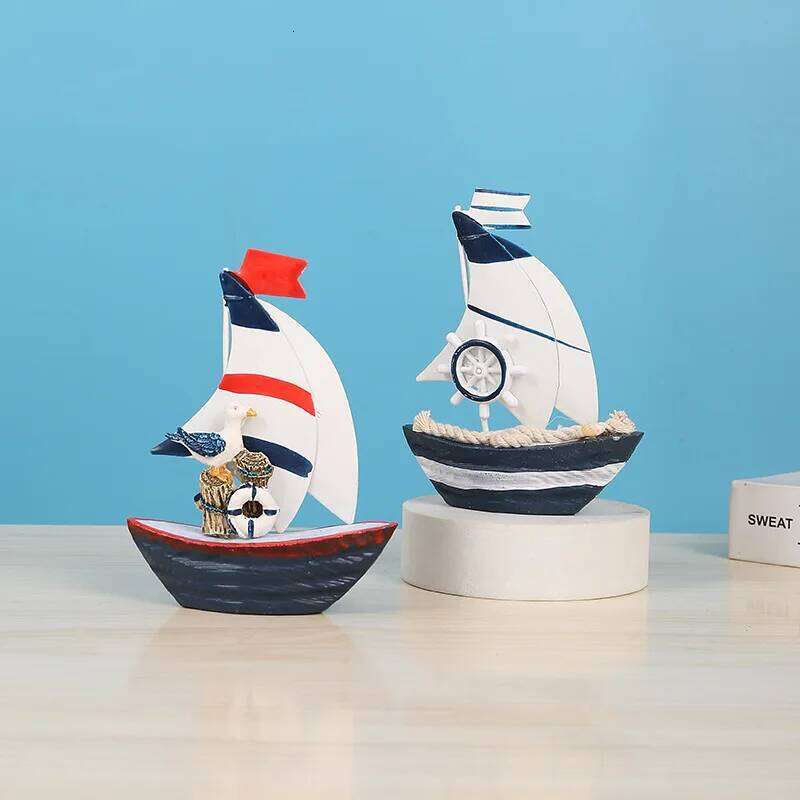 Blue Mediterranean ornaments bedroom study desktop holiday gifts marine art wooden sailing decorations S260204