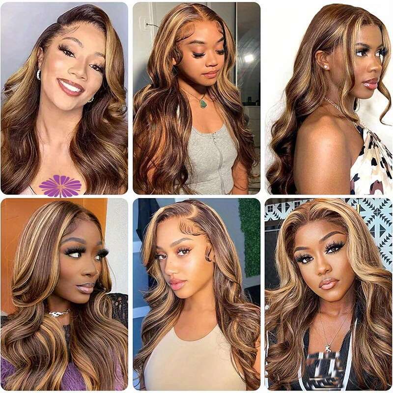 200 Density Highlight Human Front Wig With 13X4 HD Lace - Pre-Plucked Baby Hair & Natural Hairline, Honey Blonde Ombre Col Lighter To Darker, Body Wav