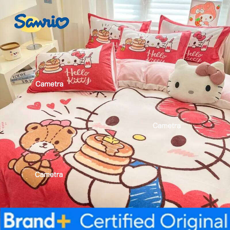 Sanrio Milk Fleece 4-piece Cute Kitty Thickened 3kg Quilt Cover Bed Sheet Pillowcase Children's 3-piece Set H260205
