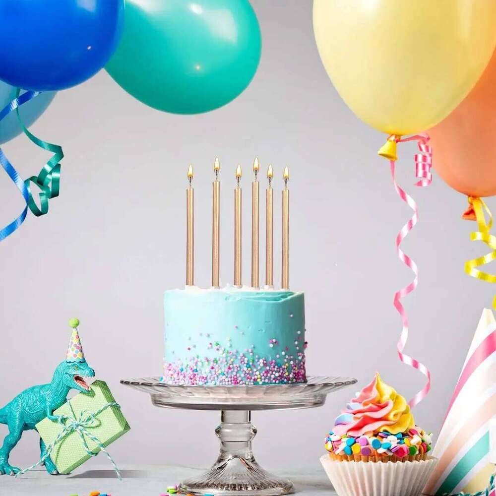 30pcs Count Party Long Thin Cake Metallic Candles in Holders for Birthday Cakes Cupcake, Champagne Gold S260204